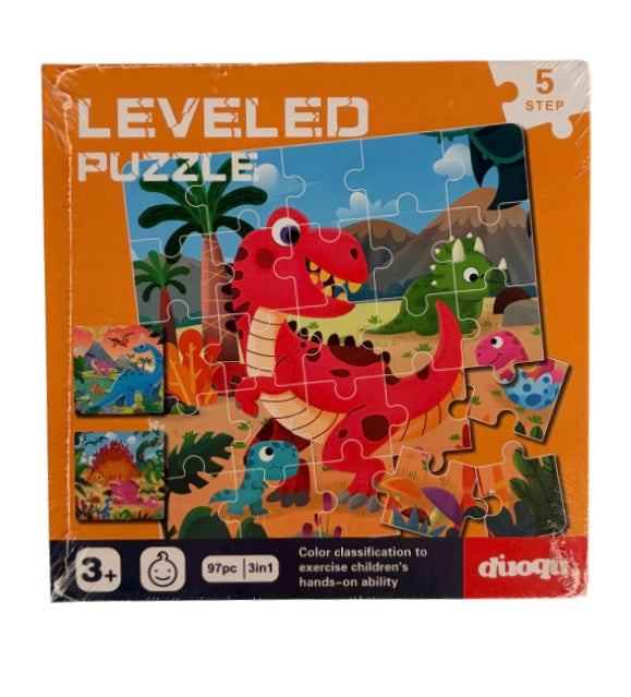 Dinosaur-themed leveled puzzle packaging with colorful illustrations on an orange background.