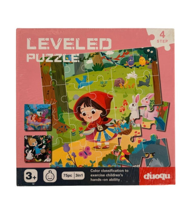Children's puzzle with cartoon character and animals on a pink background, featuring the brand 'duoqu'.
