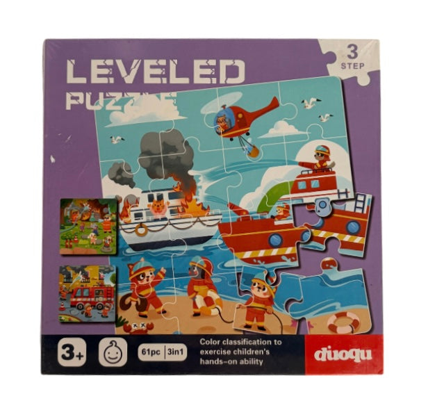 Leveled puzzle packaging with cartoon illustrations of a boat, helicopter, and firefighters on a white background.