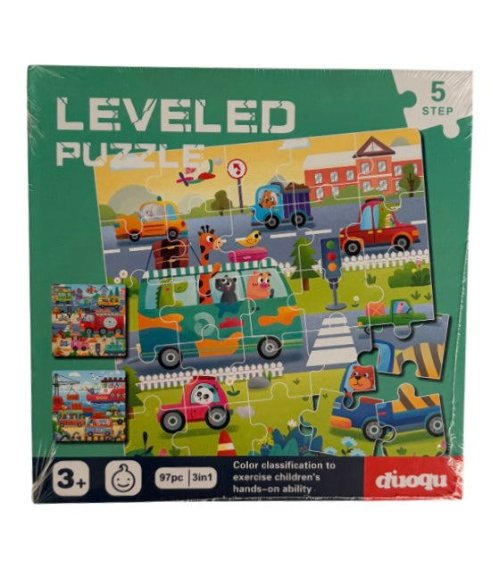 Children's puzzle with vehicles and animals on a colorful box, featuring the brand 'duoqu'.