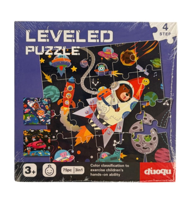 Packaged Leveled Puzzle with space-themed design and 'duoqu' branding