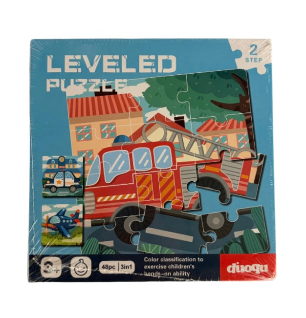 Treansport leveled puzzle with fire truck design on a blue background